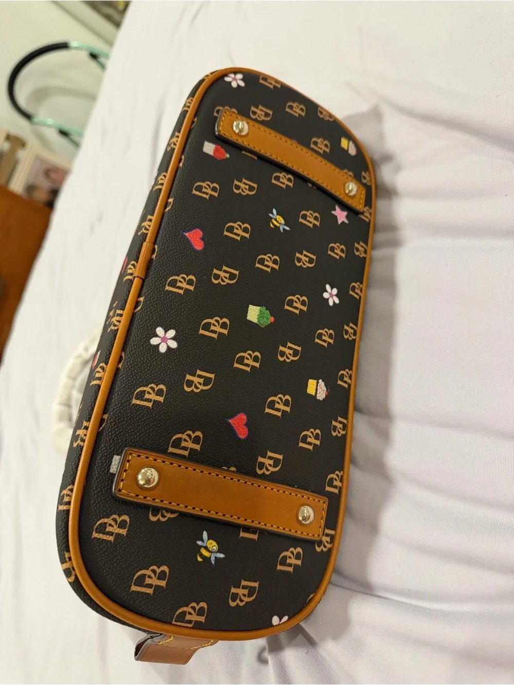 Dooney & Bourke Black Logo Dome Satchel with Colorful Cupcake & Heart Print. New